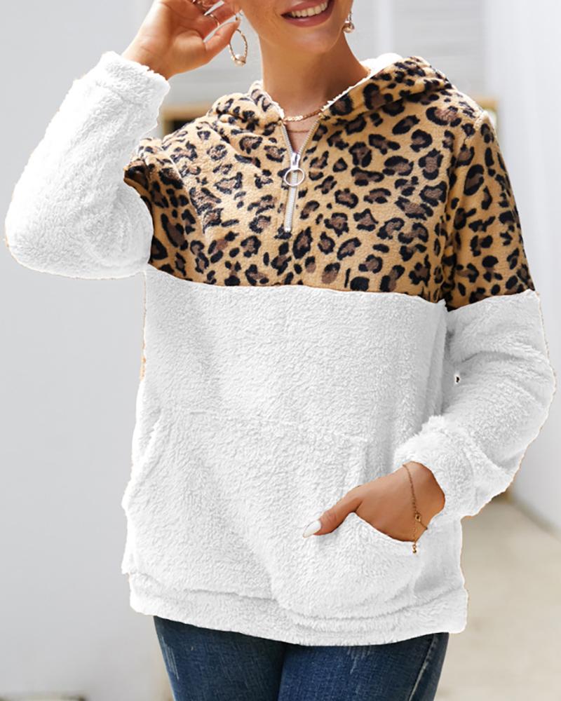 

Leopard Zipped Design Pocket Hooded Sweatshirt, White