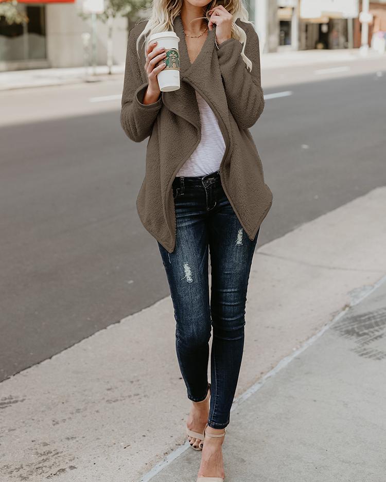 

Stylish Warm Zipper Closure Fluffy Coat, Coffee