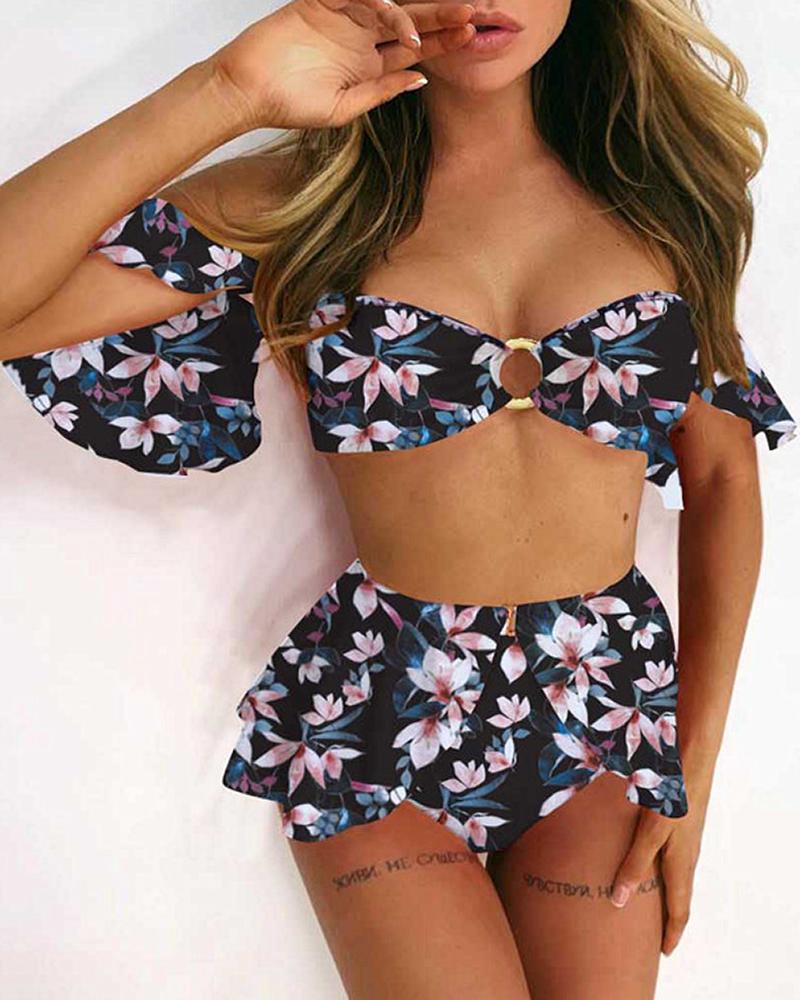 

Solid Ruffles Design Bikini Set, Blue