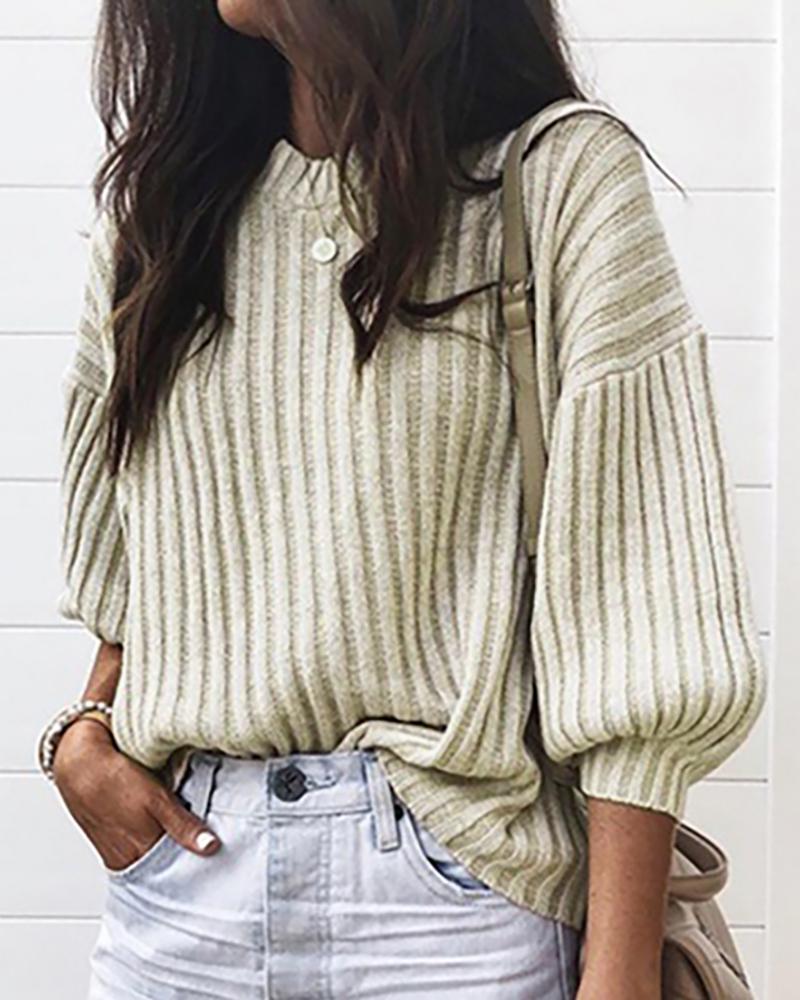

Solid Lantern Sleeve Ribbed Casual Sweater, Beige