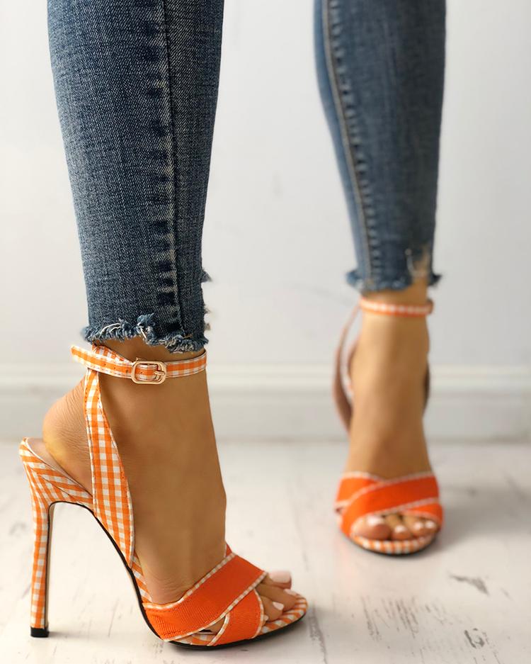 

Plaid Print Crisscross Ankle Strap Heeled Sandals, Orange