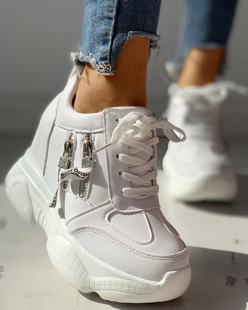 

Lace-Up Zipper Design Sneakers, White