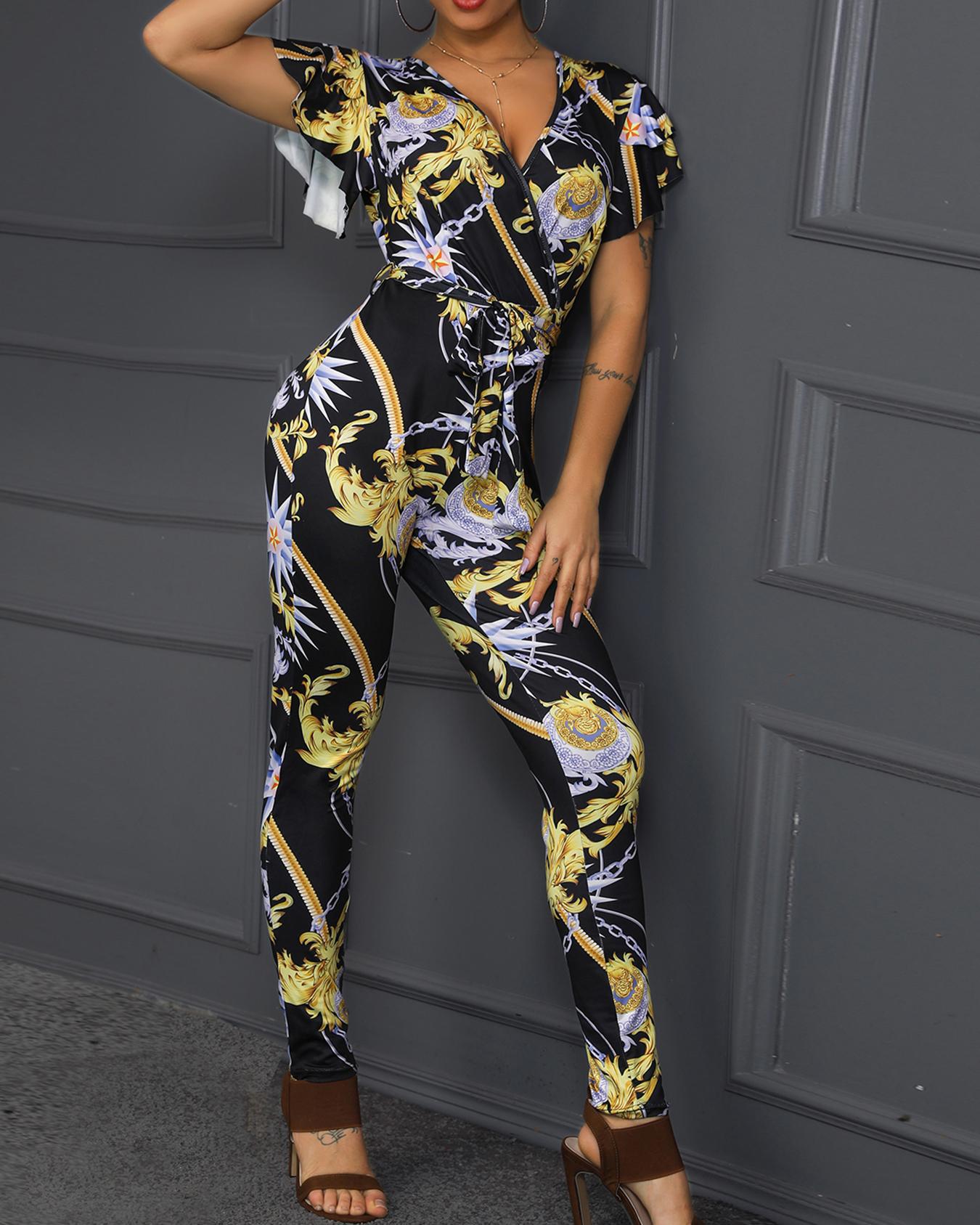 

Vintage Chain Print Slinky Wrap Jumpsuit, Black