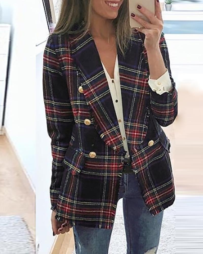 

Notched Collar Double-breasted Plaid Blazer, Red