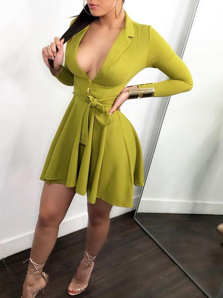 

Women Belt Pleated Casual Blazer Dress, Green