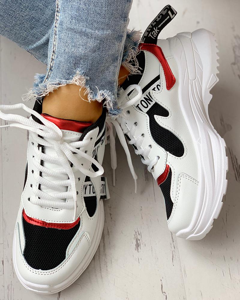 

Colorblock Letter Print Lace-Up Platform Sneakers, Black