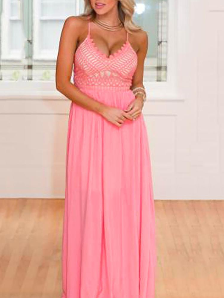 

Stylish Splicing Lace Crisscross Tied Back Maxi Dress, Pink;green