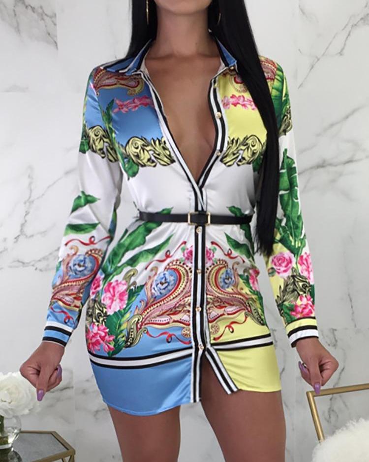 

Vintage Floral Long Sleeve Mini Shirt Dress, Blue