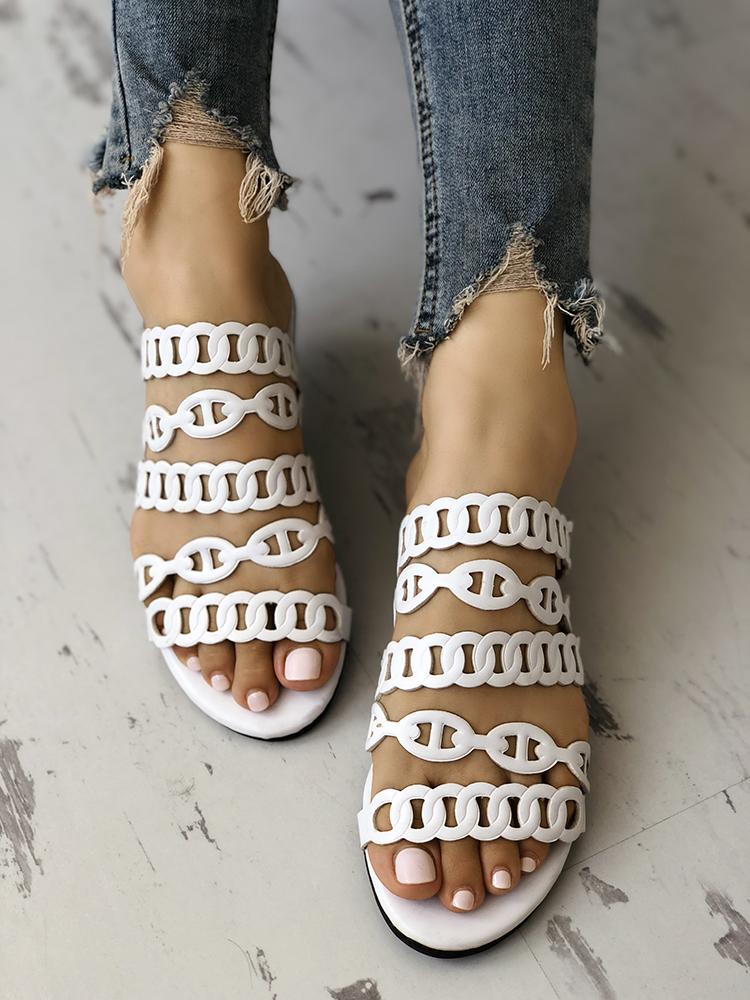 

Solid Chain Multi-Strap Hollow Out Flat Sandals, White