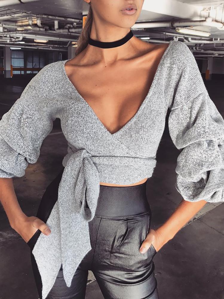 

Plunge Neck Puffed Sleeve Tie Waist Crop Top, Gray