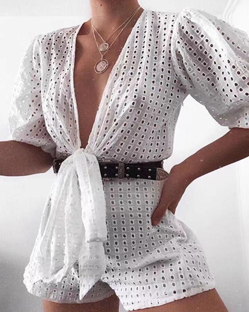 

Eyelet Embroidery V-neck Knot Front Lace Romper