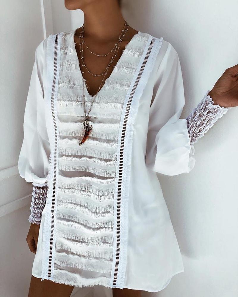 

Lantern Sleeve Feather Design Casual Dress, White
