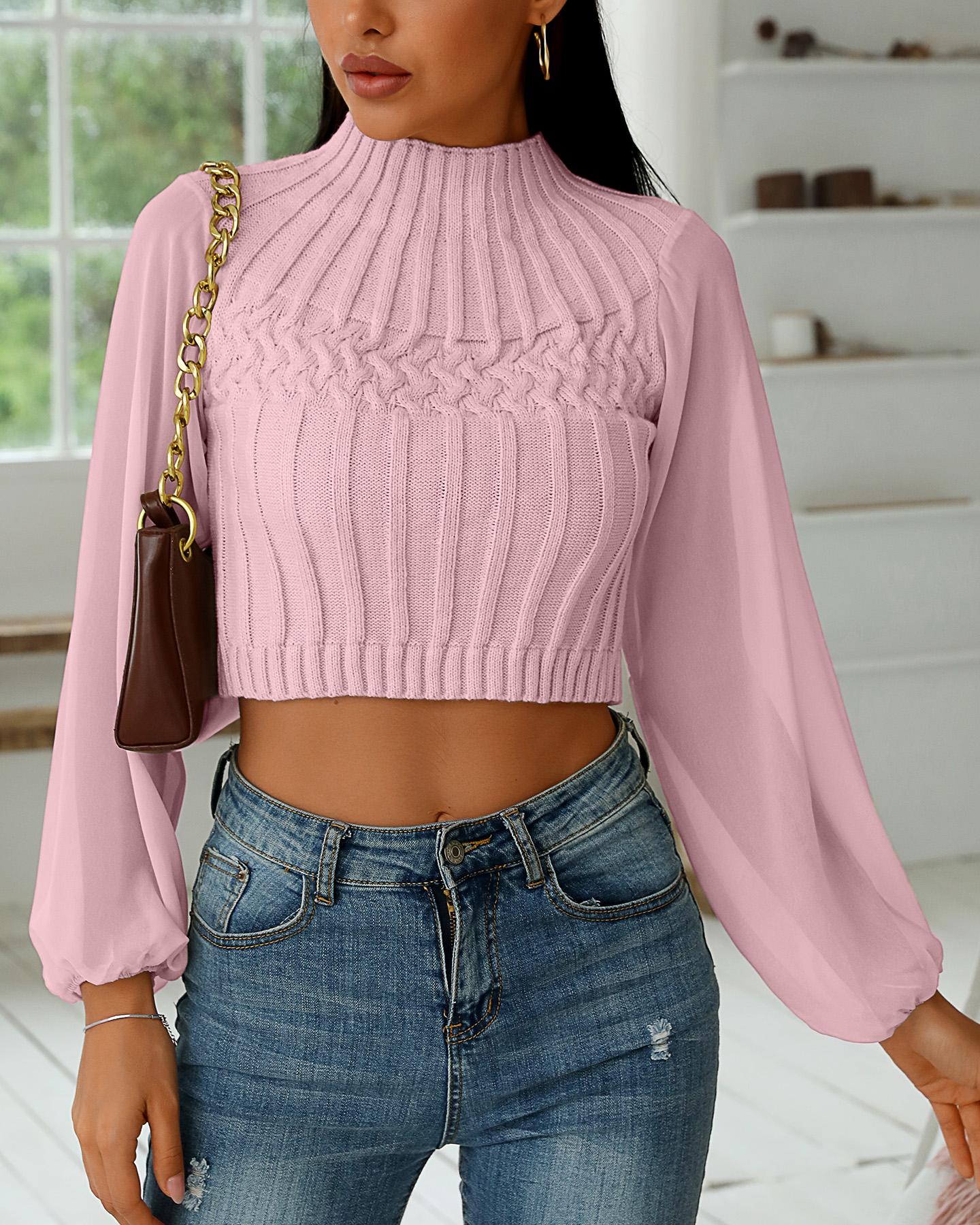

Sheer Mesh Lantern Sleeve Knit Crop Top, Pink