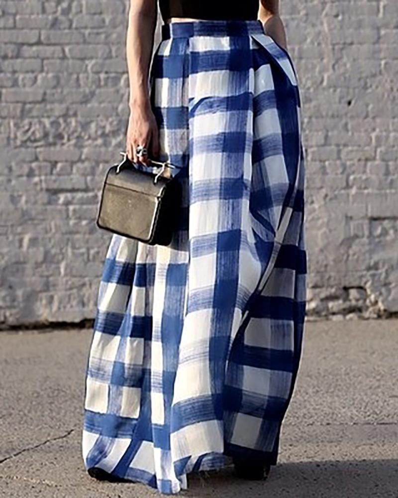 

Plaid Print Long Skirt, Blue