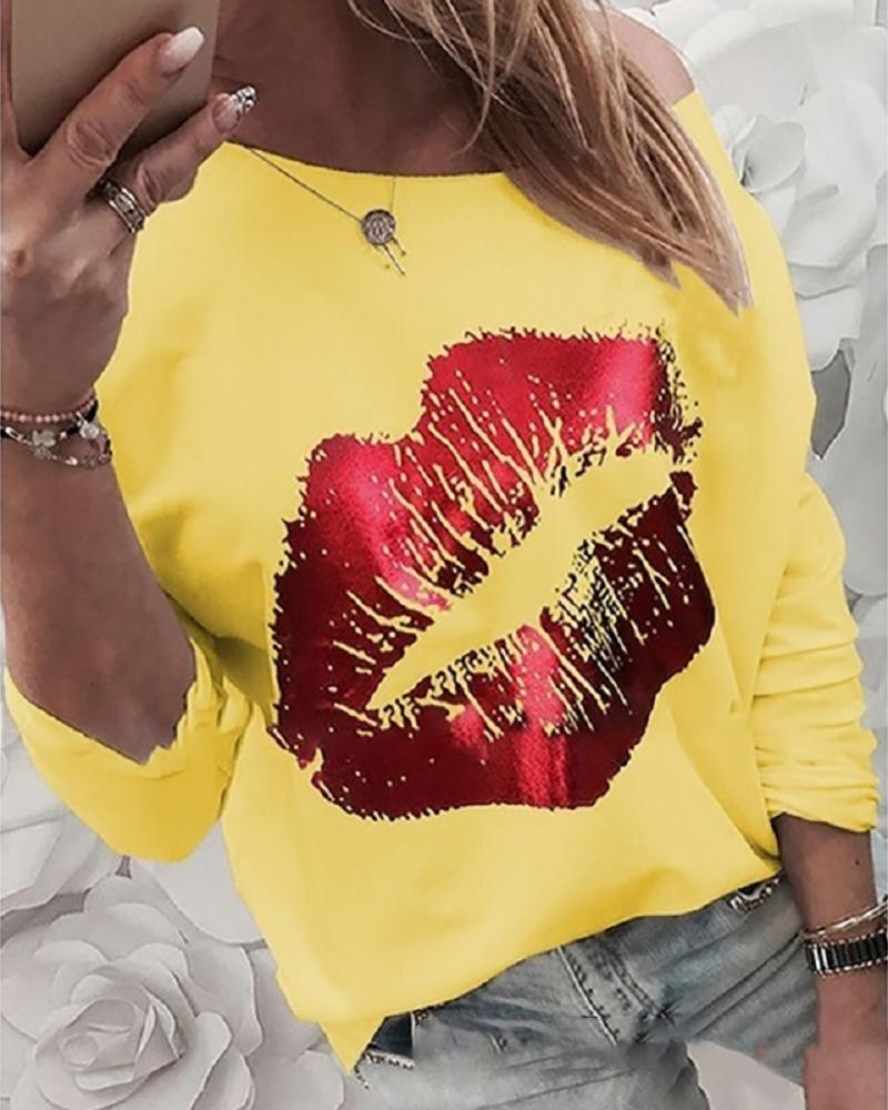 

Round Neck Mouth Print Long Sleeve T-shirt, Yellow