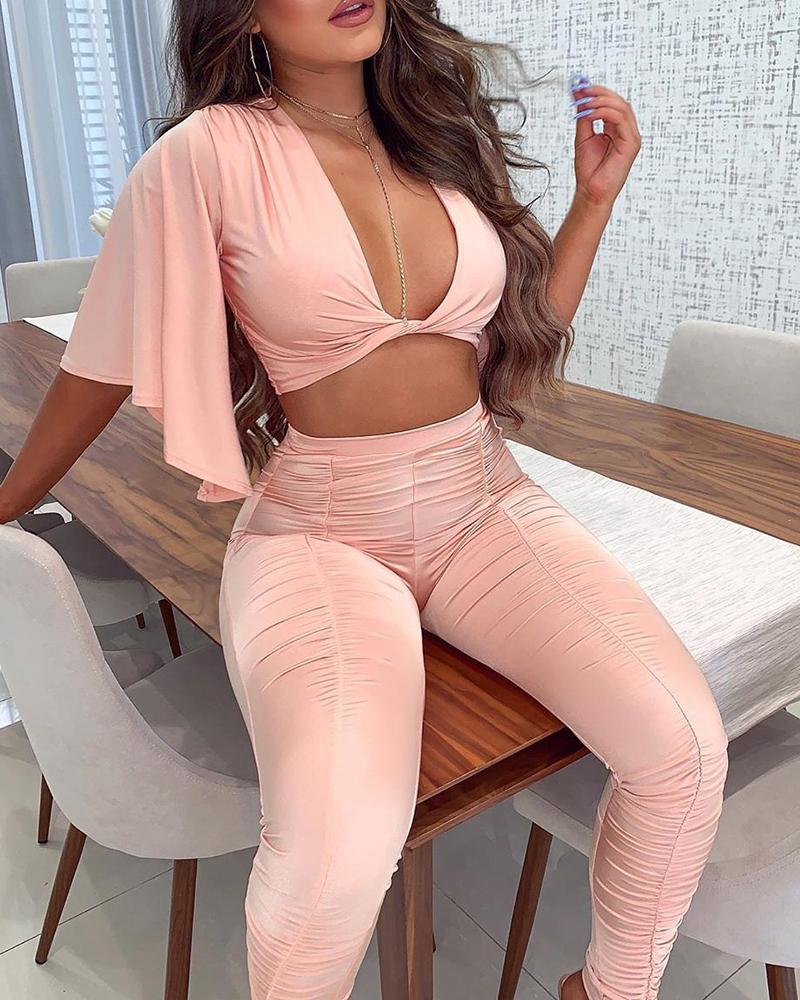 

Solid Half Sleeve Ruched Crop Top & Pants Set, Pink