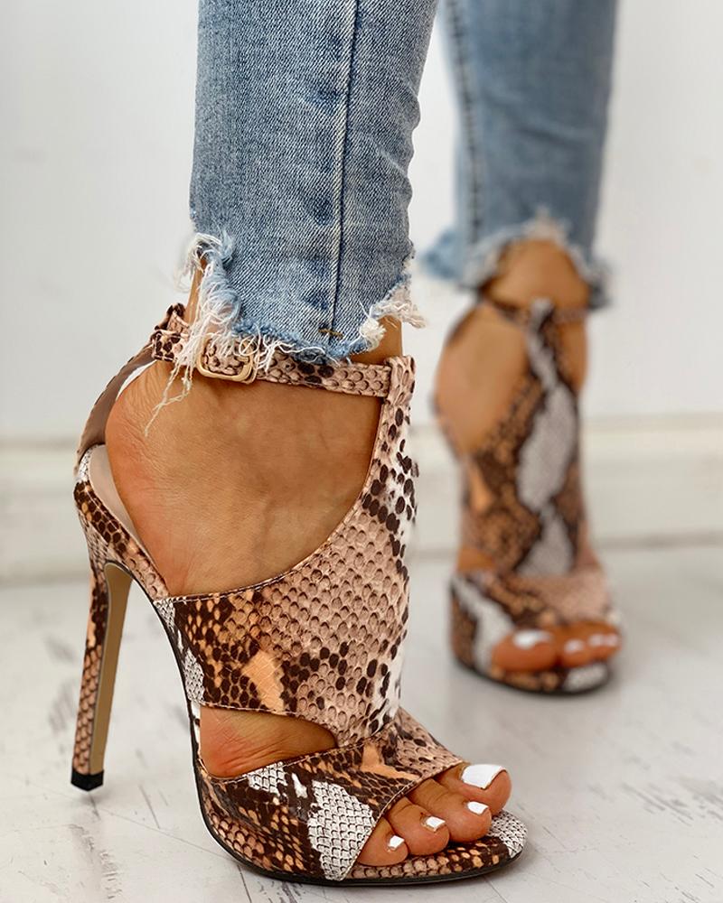 

Snakeskin Peep Toe Ankle Strap Thin Heeled Sandals, Brown