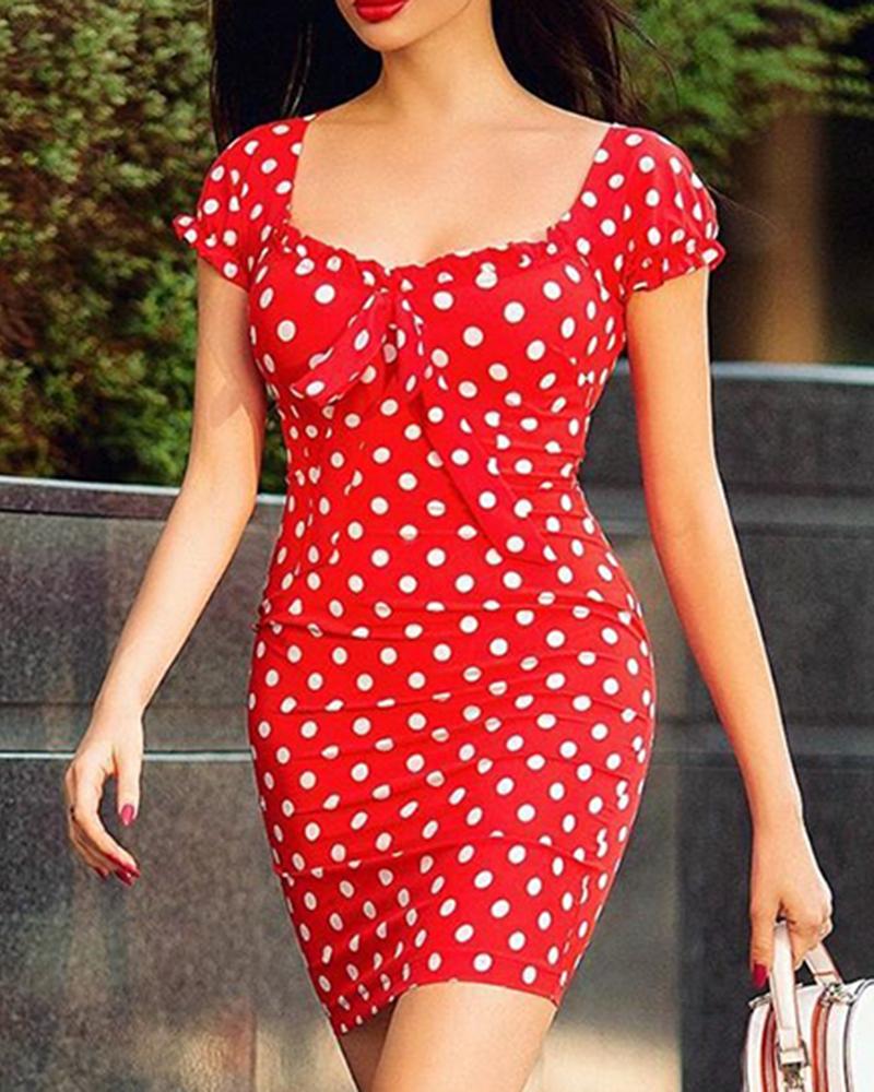 

Polka Dot Bowknot Front Bodycon Dress, Red