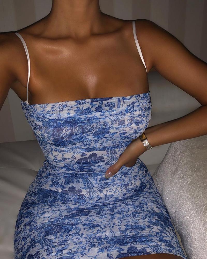 

Spaghetti Strap Porcelain Print Bodycon Dress, Blue