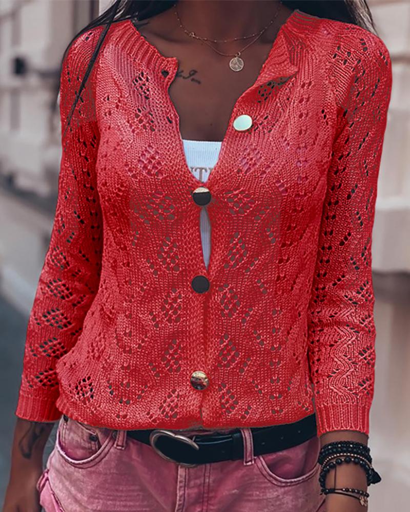 

Knitted Hollow Out Button Design Cardigan, Red