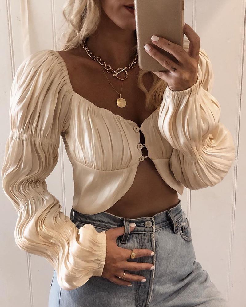 

Cutout Button Up Long Sleeve Top, Champagne