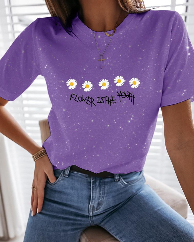 

Daisy Letter Print Glitter T-Shirt, Purple