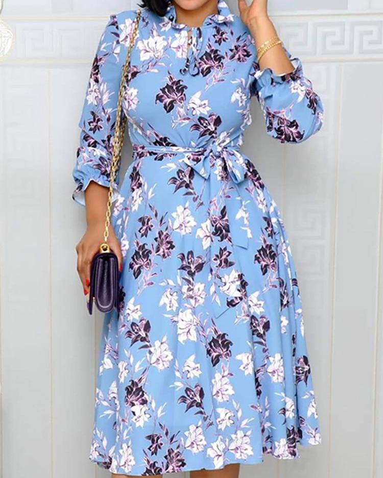 

Floral Print Three-point Sleeve Loose Dress With Belt