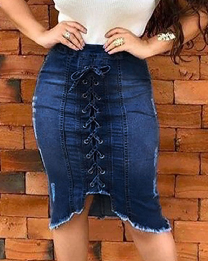

Denim Eyelet Lace-up Zipper Irregular Skirt, Dark blue