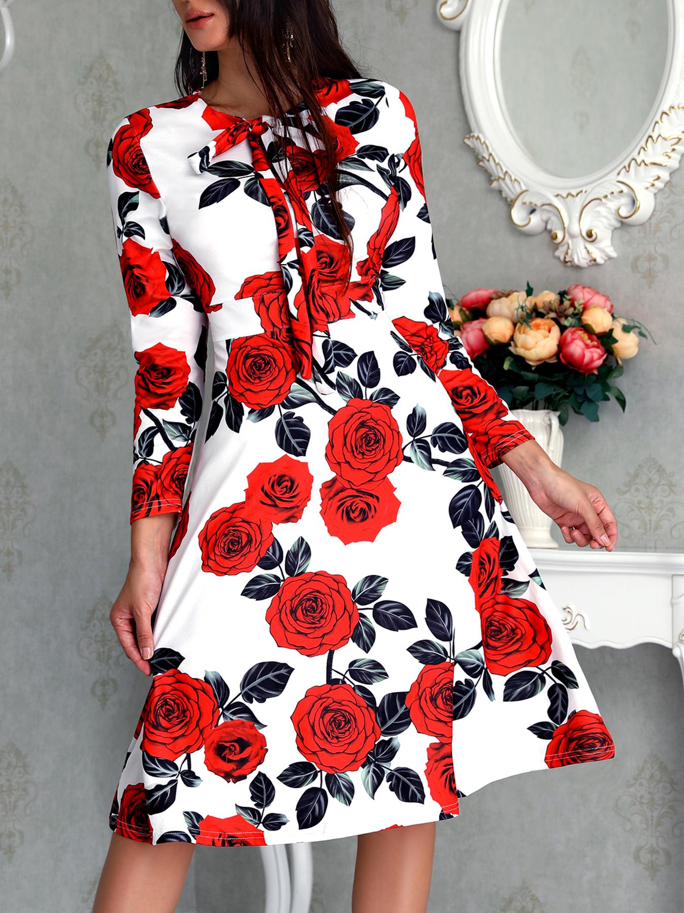 

Floral Print Tie Neck Long Sleeve Dress, Red