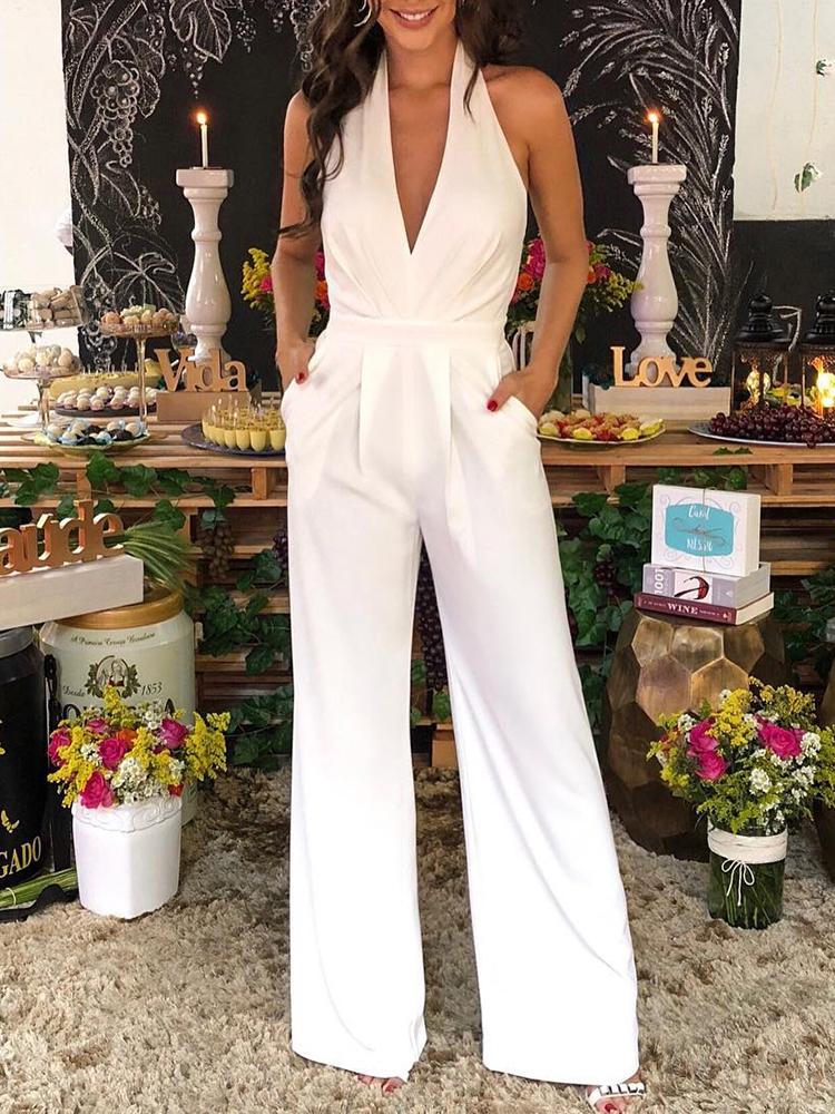 

Solid Halter Backless Ruched Wide Leg Jumpsuit, White