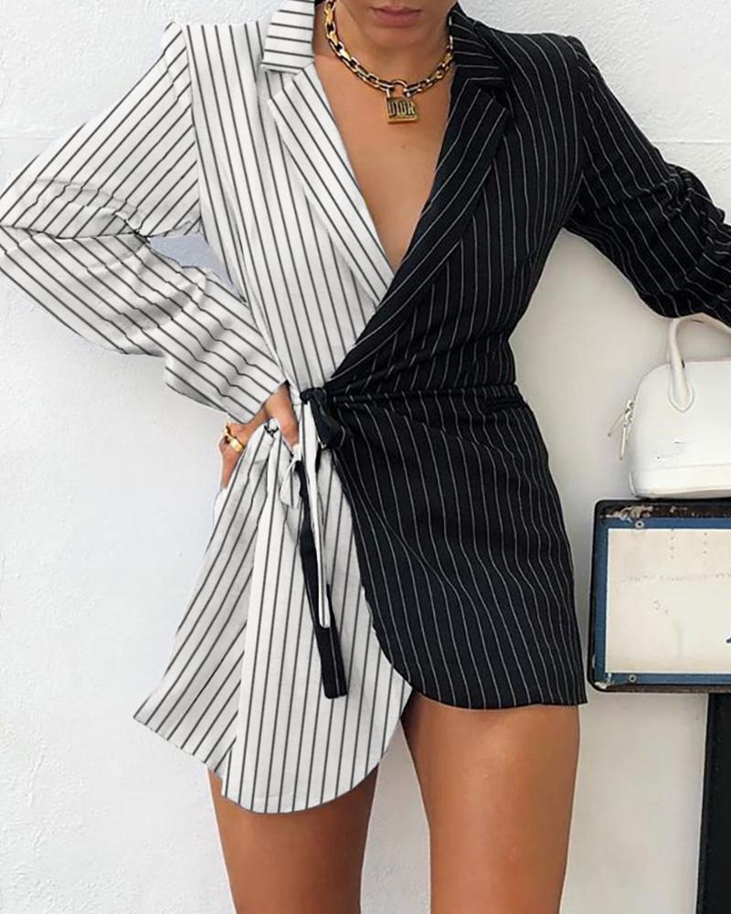 

Striped Colorblock Insert Knotted Blazer Dress, White&black