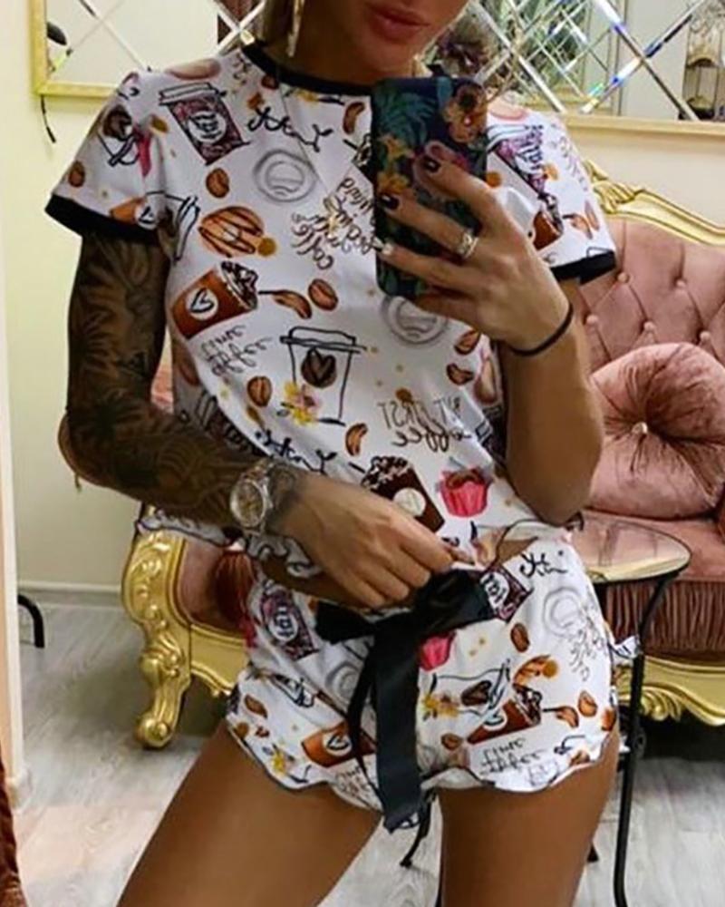 

Print Ruffles Casual Top & Bowknot Design Shorts Set, White