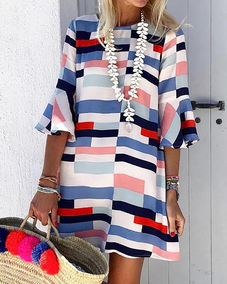 

Contrast Color Flared Sleeve Casual Dress, Multicolor