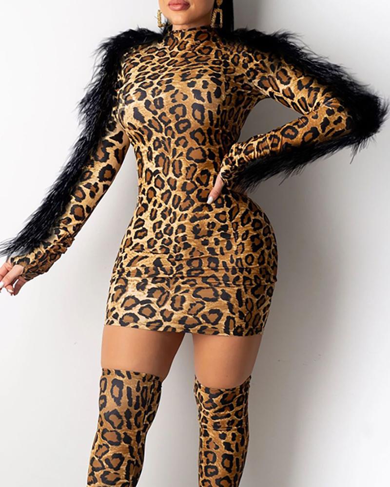 

Mock Neck Feather Insert Long Sleeve Leopard Bodycon Dress