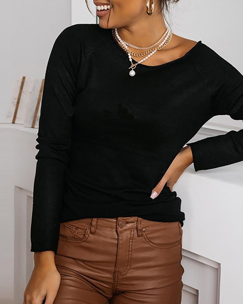 

Solid Long Sleeve Casual Top, Black