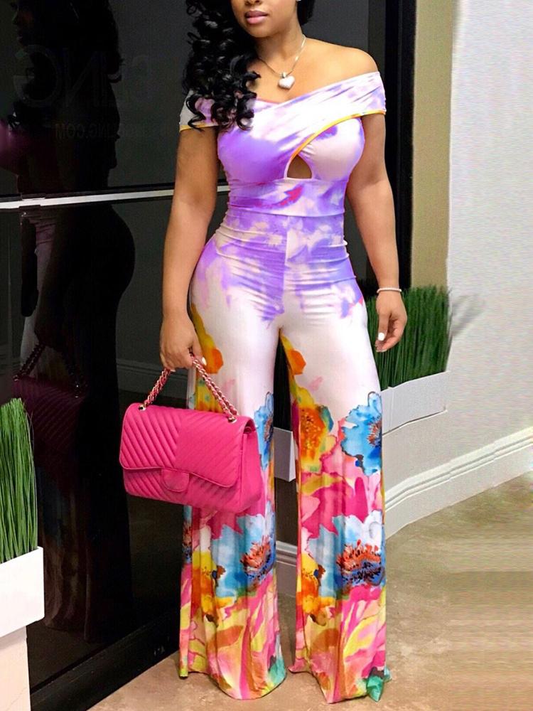 

Tie Dye Floral Pattern Cross Over Slinky Jumpsuit