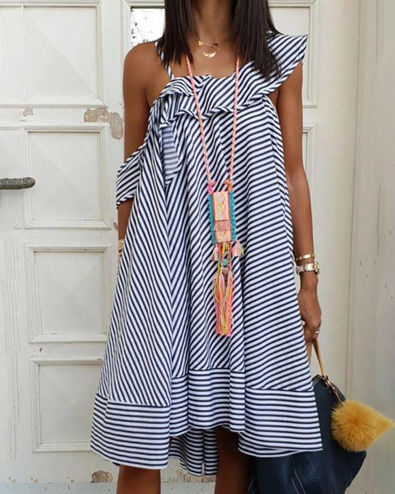 

Striped One Shoulder Ruffles Casual Dress, Blue