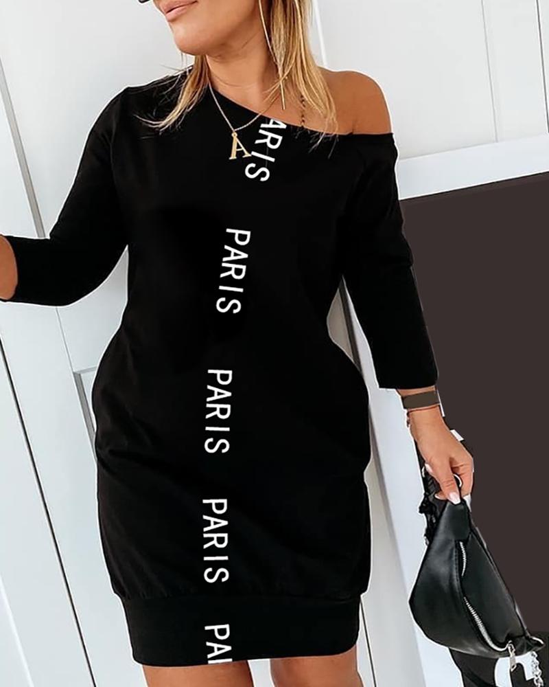 

Letter Print Long Sleeve Casual Sweatshirt Dress, Black