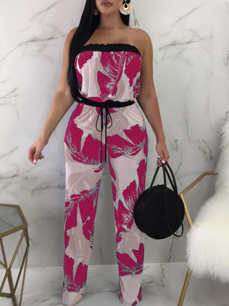 

Tropical Print Strapless Drawstring Waist Jumpsuit