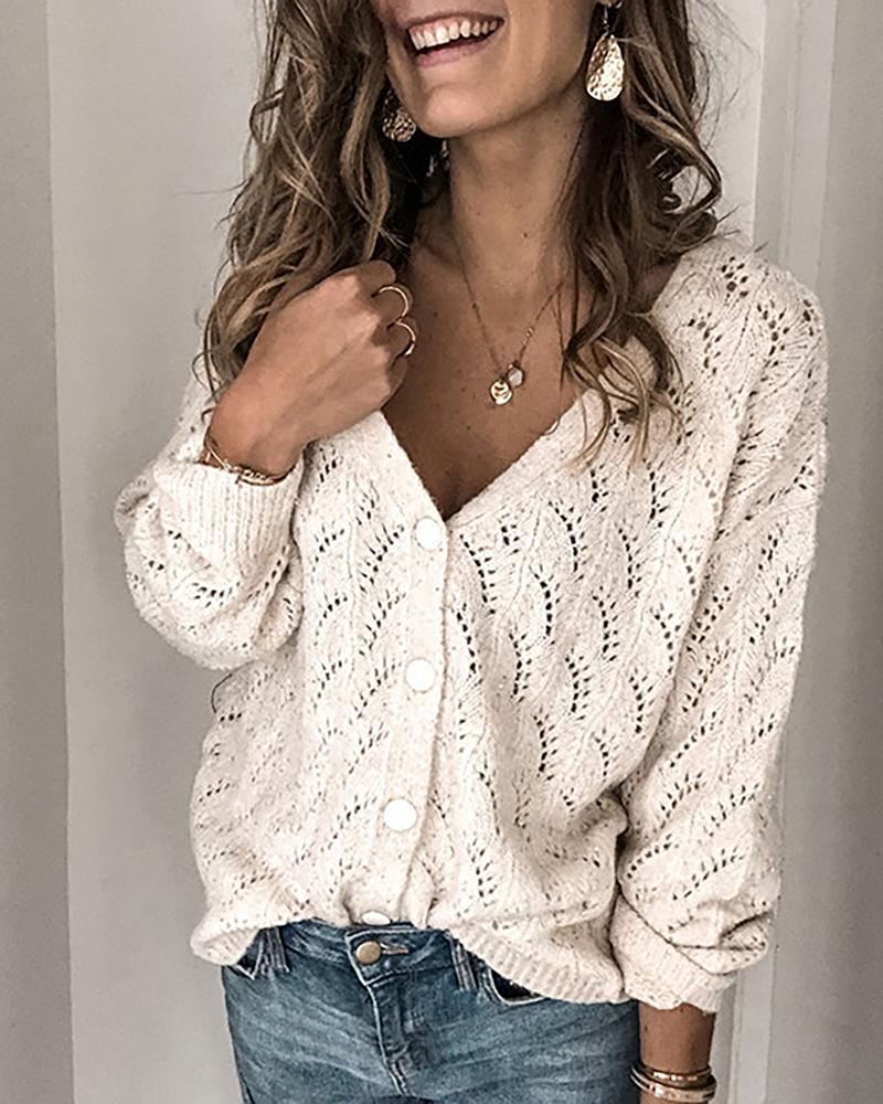 

Buttoned Hollow Out V-Neck Blouse, White