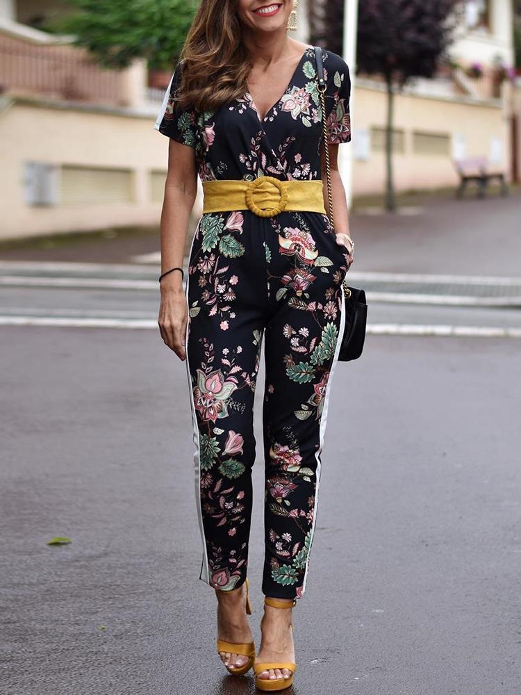 

Floral Print Short Sleeve Casual Wrap Jumpsuit