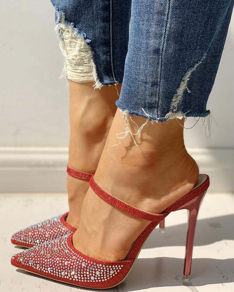 

Pointed Toe Studded Design Heels, Red
