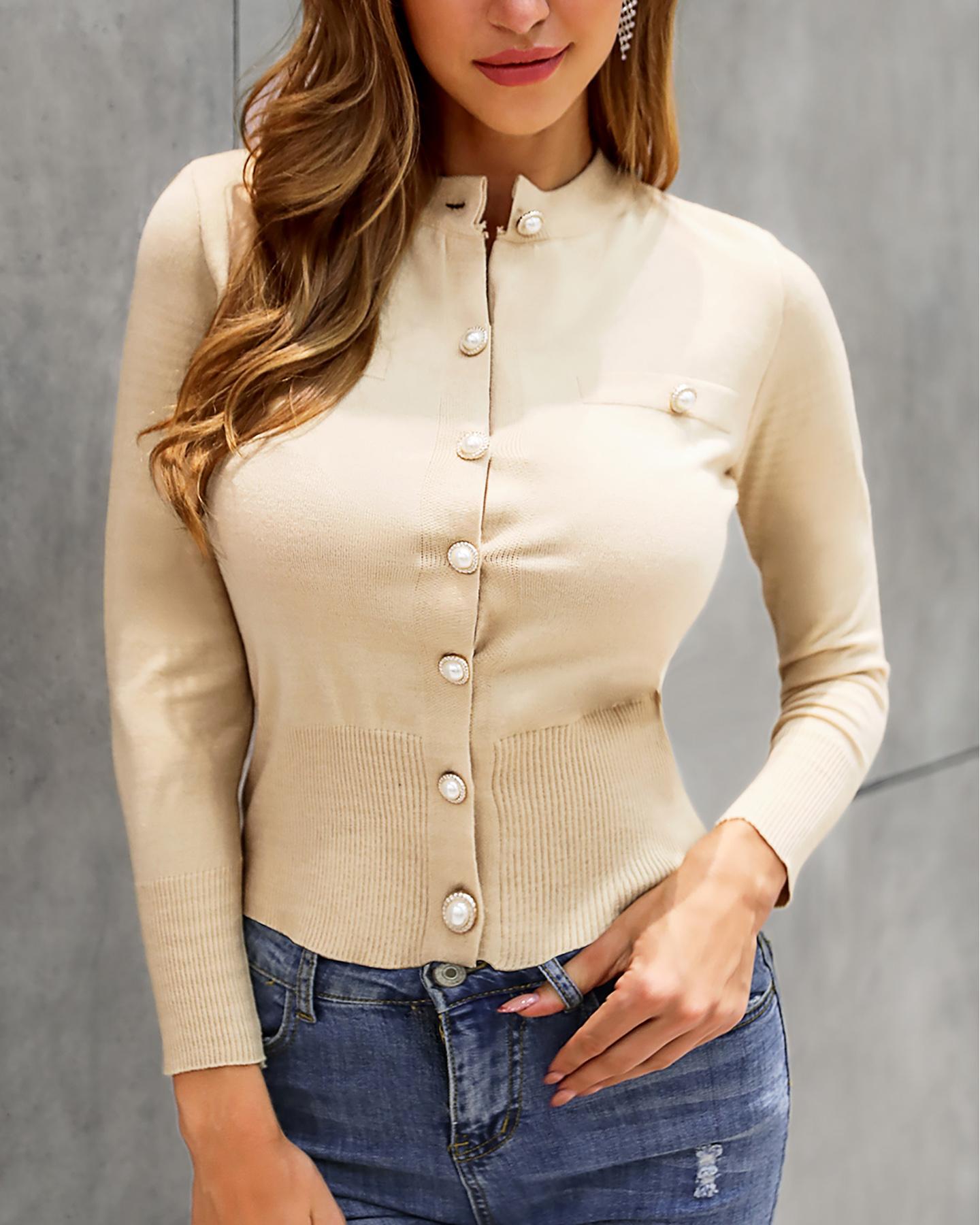 

Solid Buttoned Design Casual Blouse, Apricot