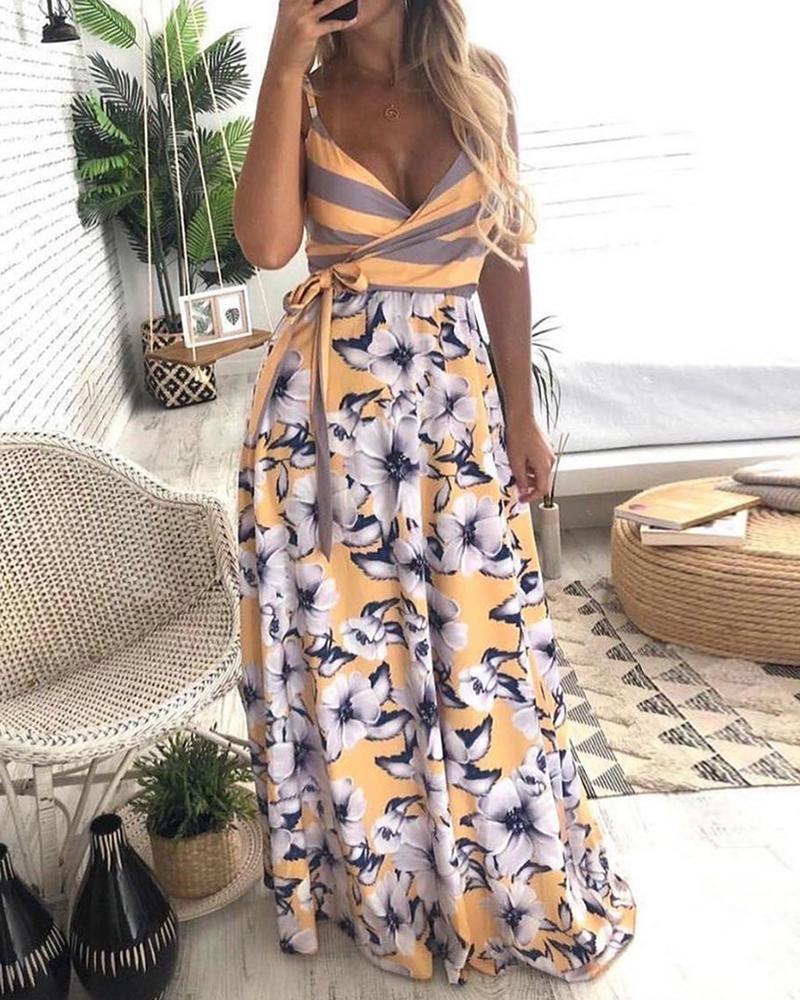 

Floral Print Striped Knotted Maxi Dress, Yellow