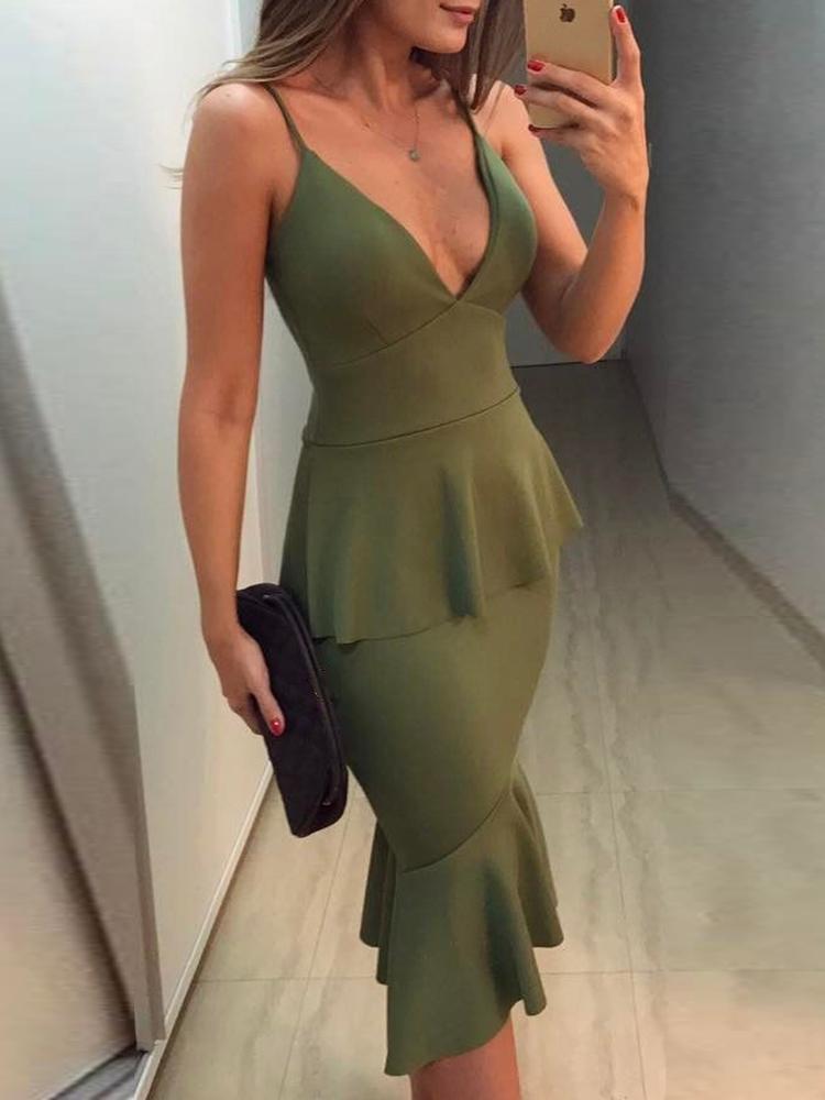 

Spaghetti Strap Flounced Design Party Dress, Army green