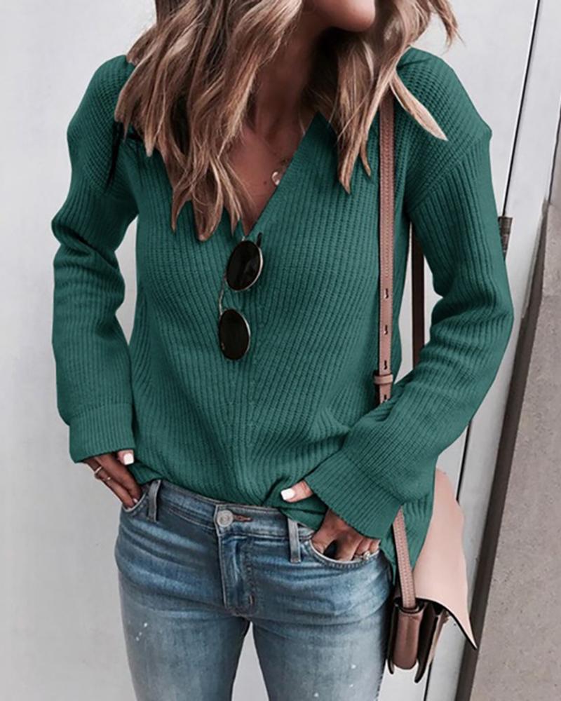 

Solid Long Sleeve V Neck Sweater, Green
