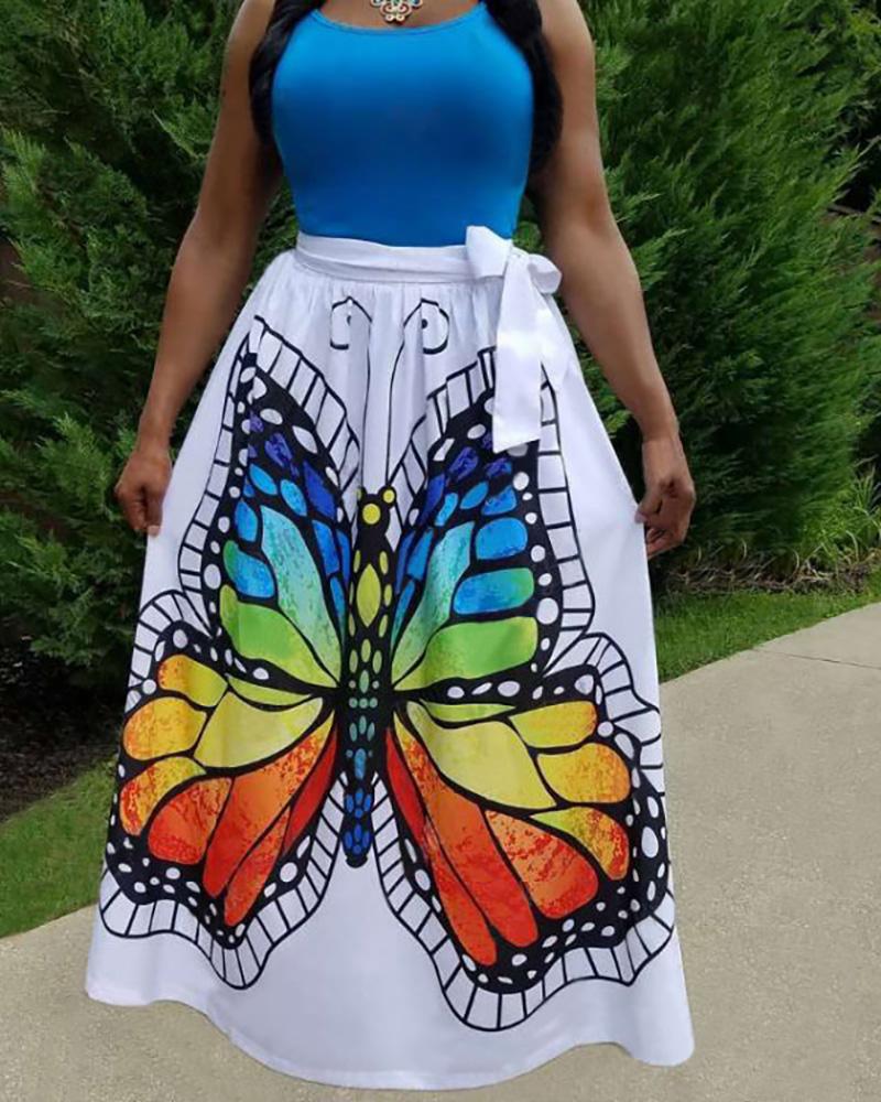 

Butterfly Printed Tie Waist Maxi Skirt, White