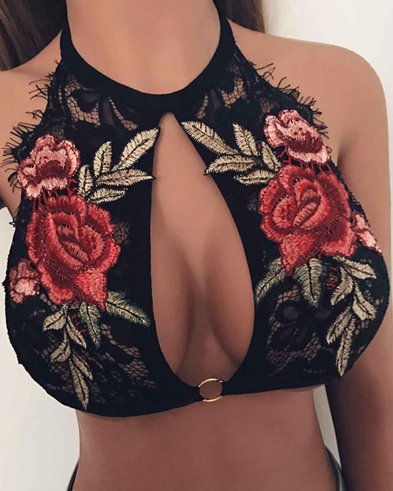 

Floral Embroidery O-Ring Cutout Bralette, Black