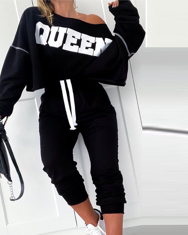 

Letter Print Top & Drawstring Pants Set, Black