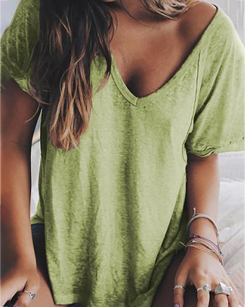 

Solid V-neck Short Sleeve Casual T-shirt, Green